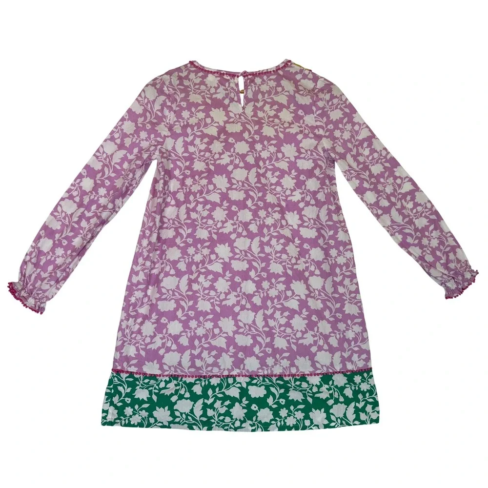 Mini Boden Pink/Green/White Floral Shift Dress‎ Tassel Pompom Trim Sz 11-12Y